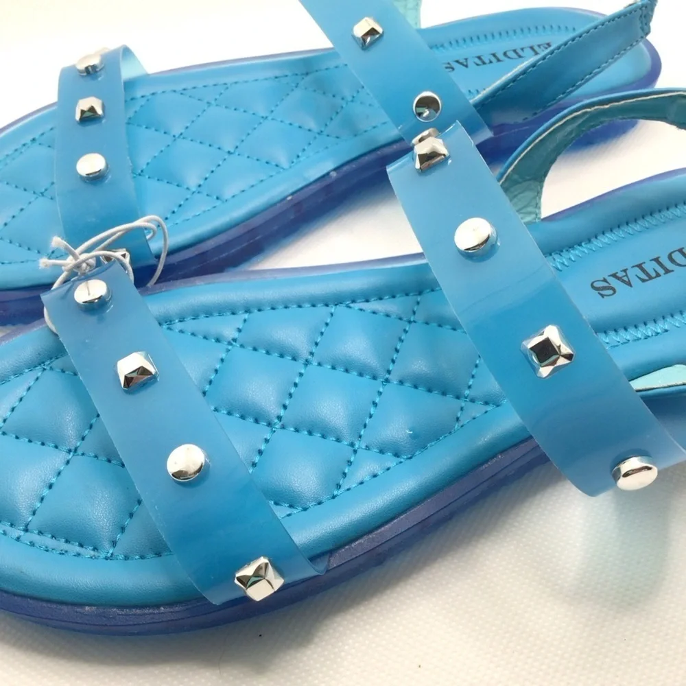 NWOT Elditas Womens Avery Blue Jelly Strappy Studded Slingback Sandal Size 7W